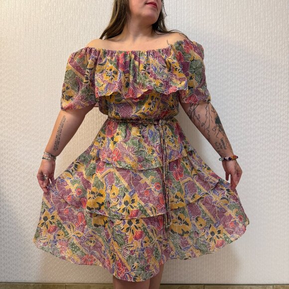 Vintage Dresses & Skirts - Vintage Prairie 70s Themes Multicolor Floral Off Shoulder Tiered Dress